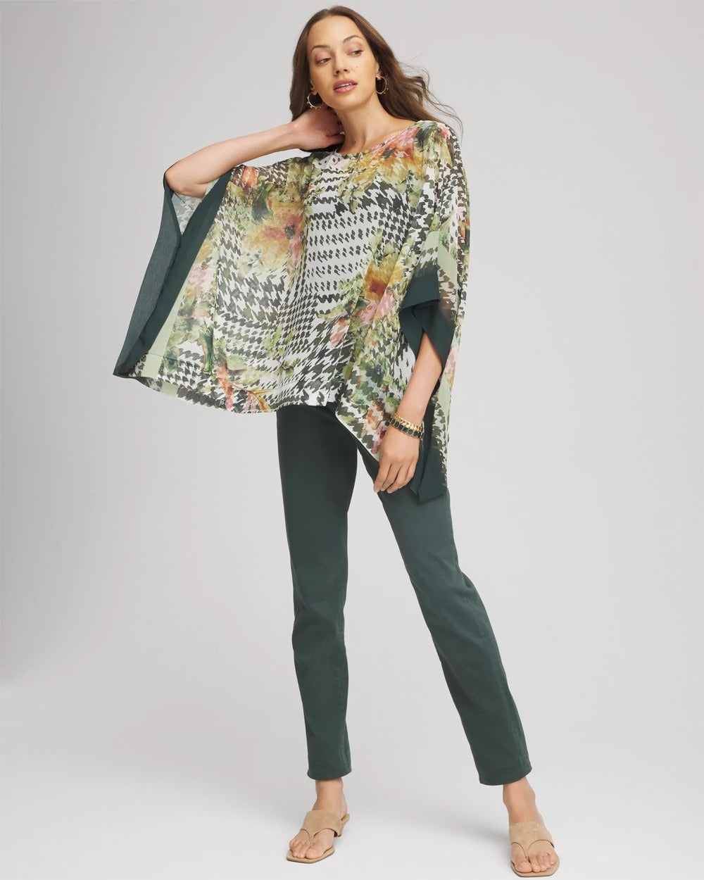 Chico's Printed Crinkle-Chiffon Pullover Poncho Nettle Leaf