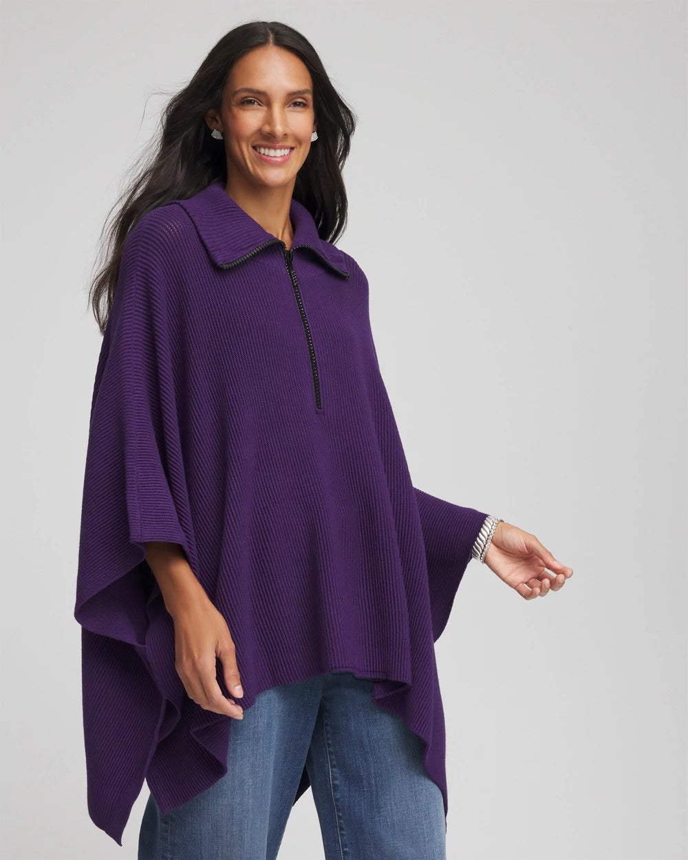 Chico's Rhinestone Zip-Collar Sweater Poncho Purple Elixir