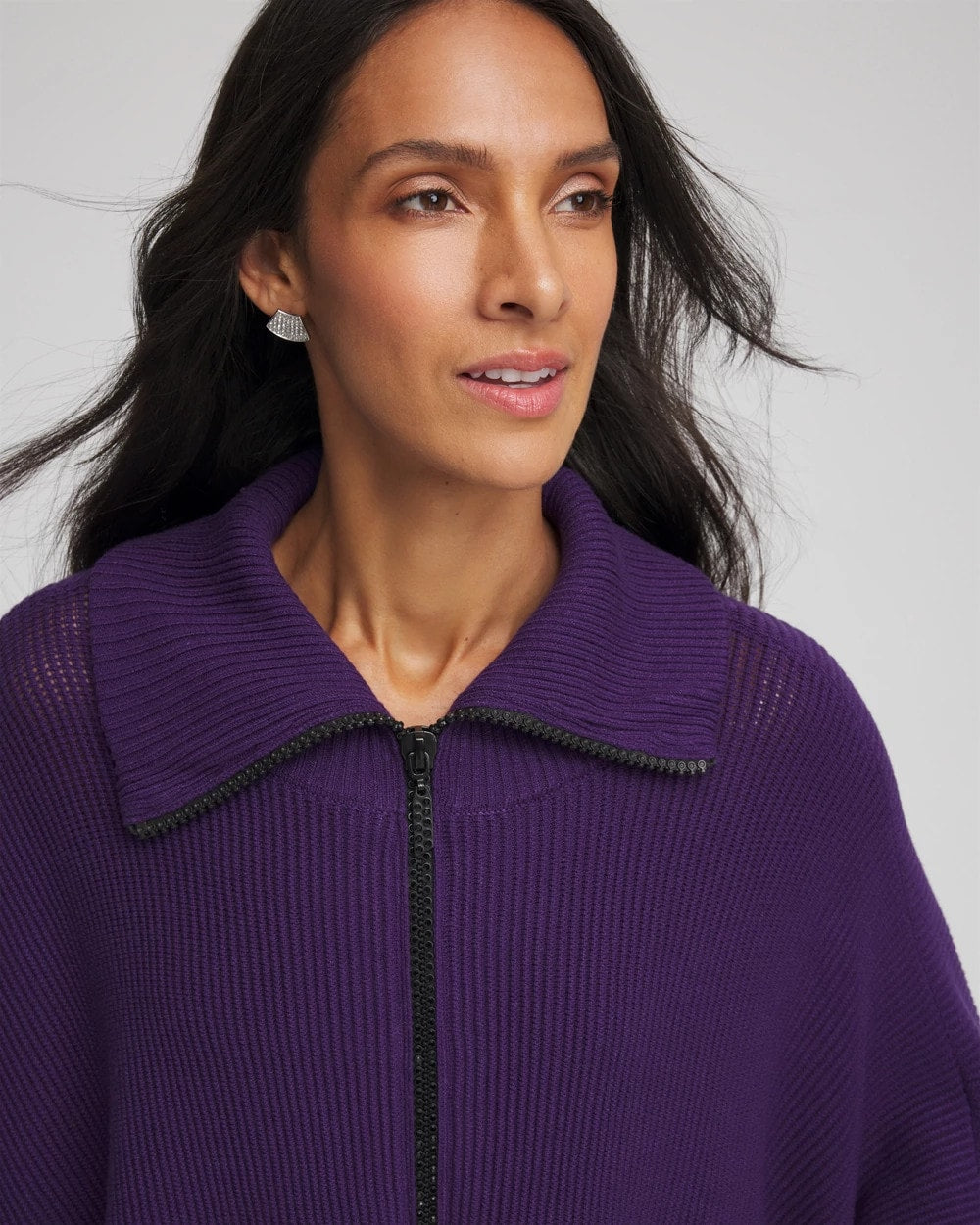 Chico's Rhinestone Zip-Collar Sweater Poncho Purple Elixir