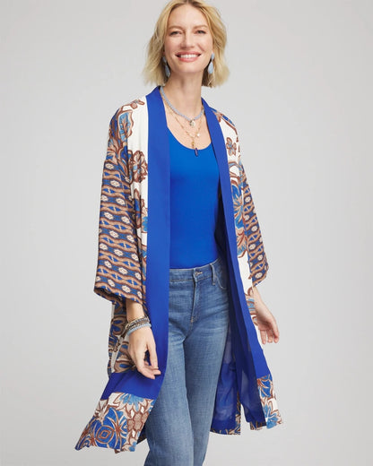 Chico's Crepe Long Printed Kimono English Cream
