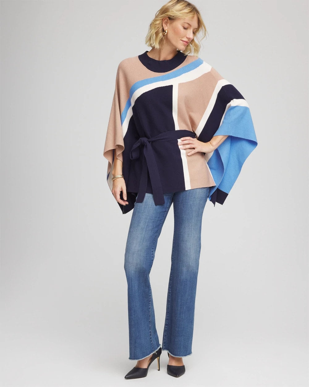 Chico's Belted Colorblock Poncho Passport Blue