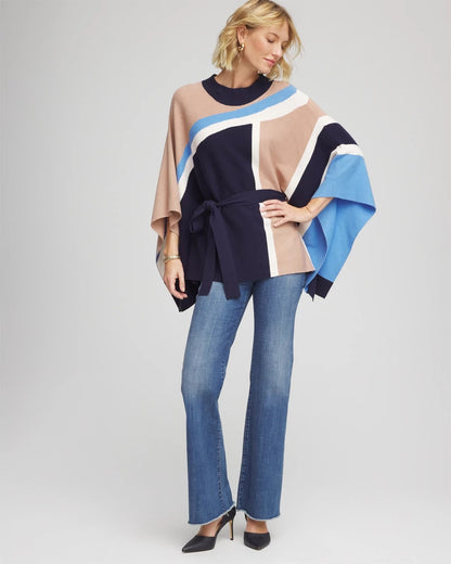 Chico's Belted Colorblock Poncho Passport Blue