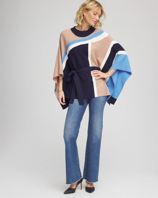 Chico's Belted Colorblock Poncho Passport Blue