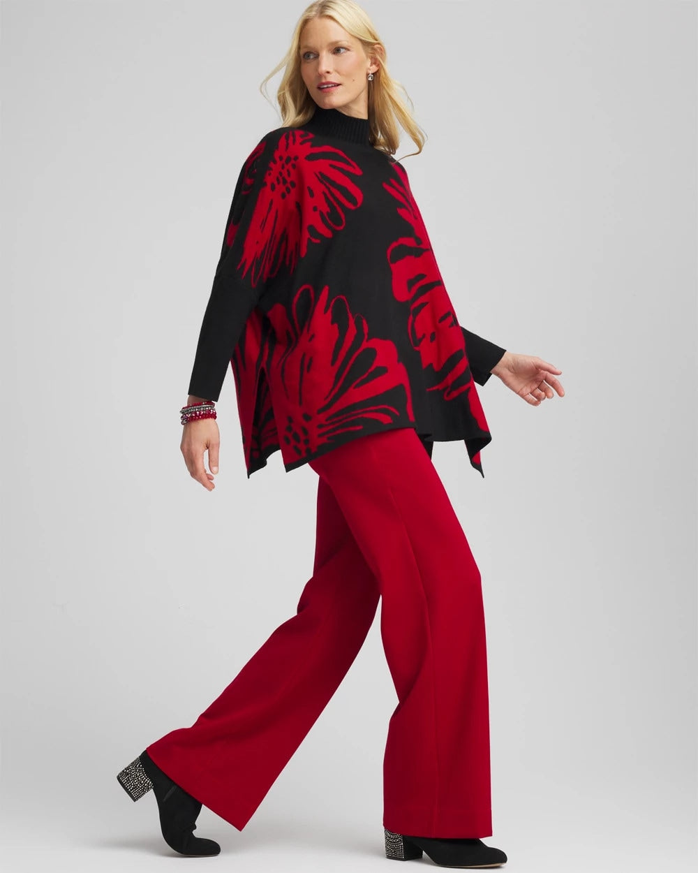 Chico's Floral Poncho Black