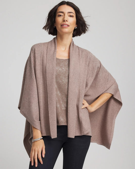 Chico's Embellished Shawl Collar Ruana Taupe Heather
