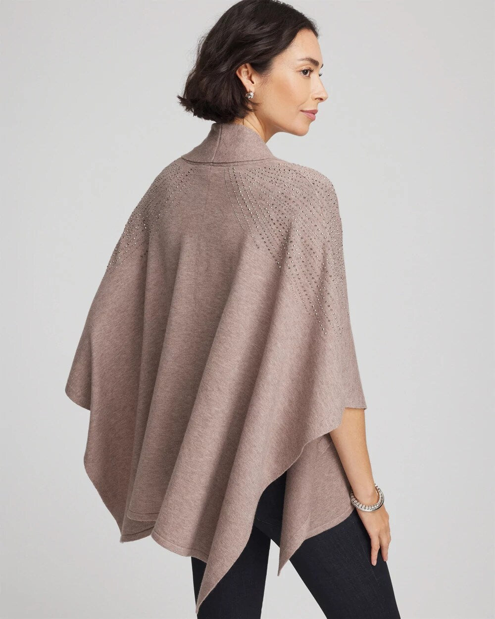 Chico's Embellished Shawl Collar Ruana Taupe Heather