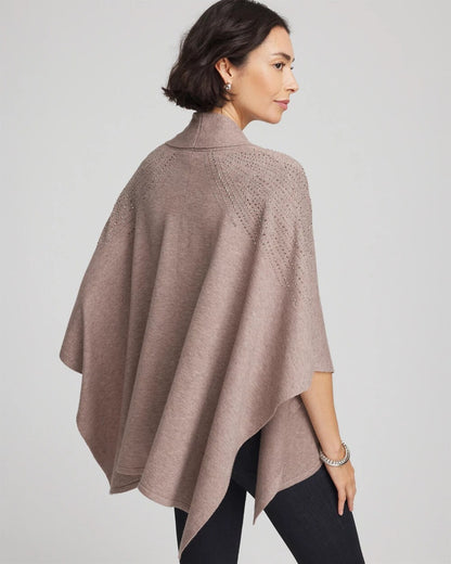 Chico's Embellished Shawl Collar Ruana Taupe Heather
