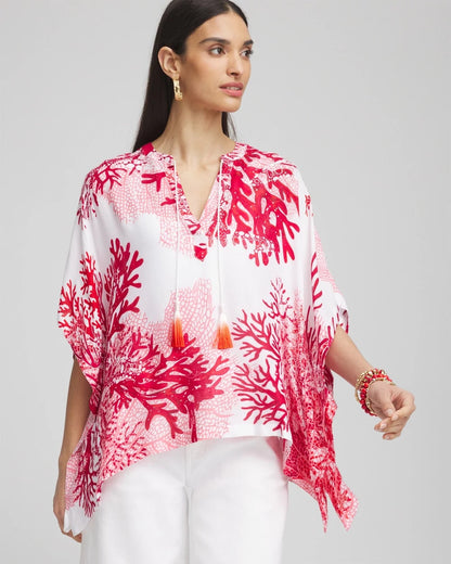 Chico's Coral Reef Motif Poncho Red Glow