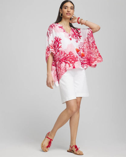 Chico's Coral Reef Motif Poncho Red Glow