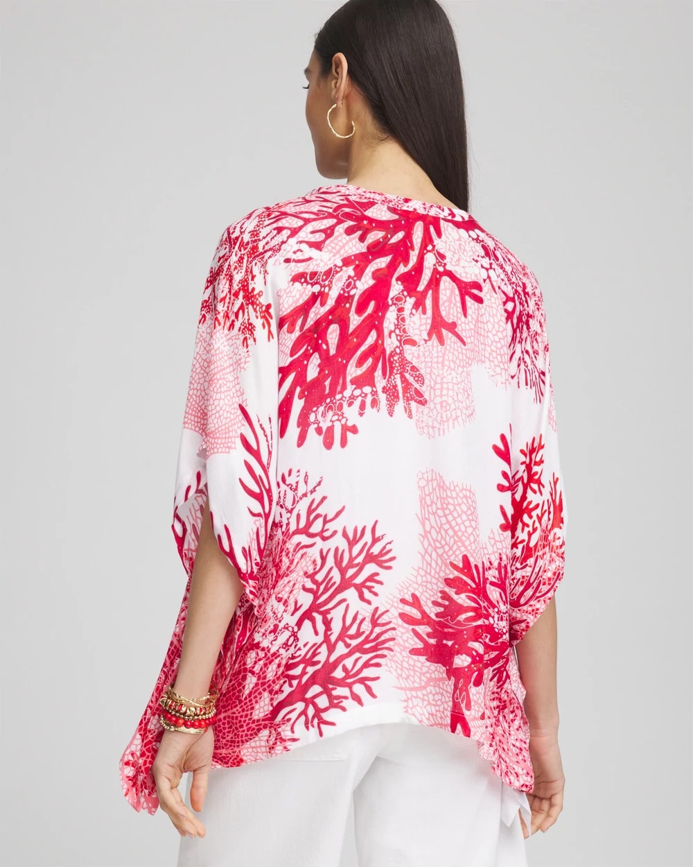 Chico's Coral Reef Motif Poncho Red Glow