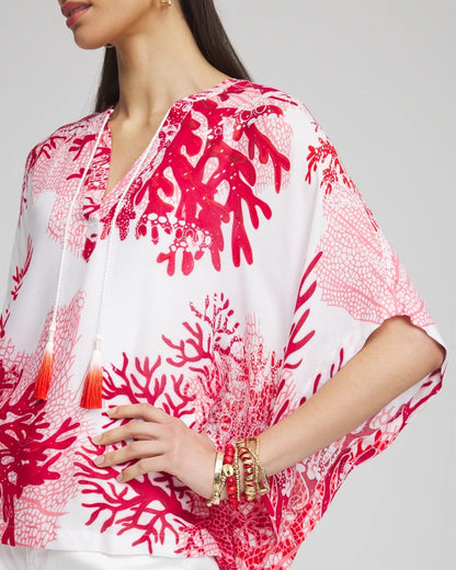 Chico's Coral Reef Motif Poncho Red Glow