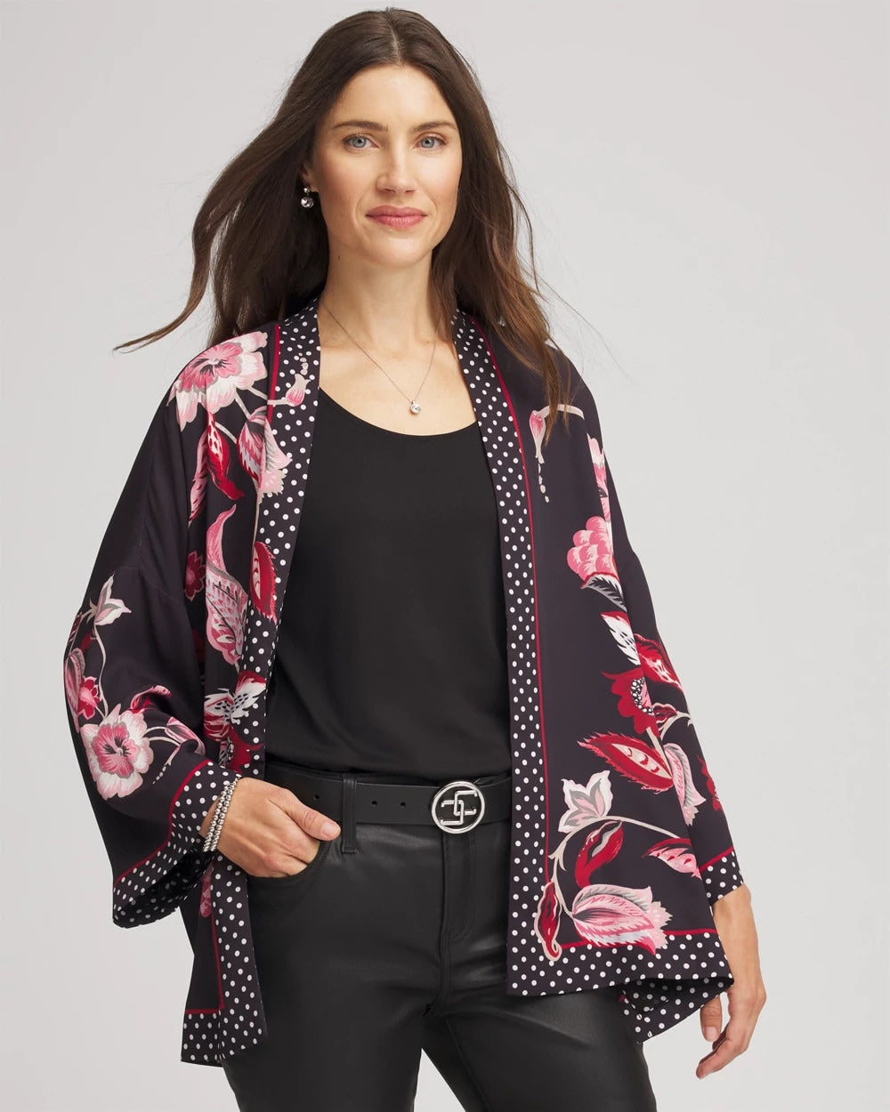 Chico's Short Floral Kimono Black