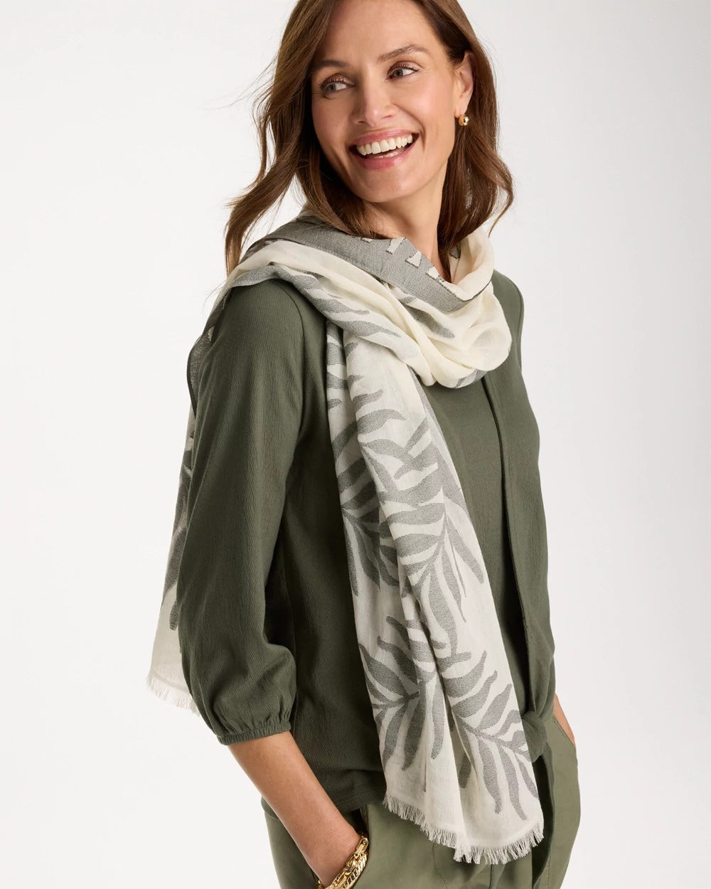 Chico's Palm Embroidered Oblong Scarf White