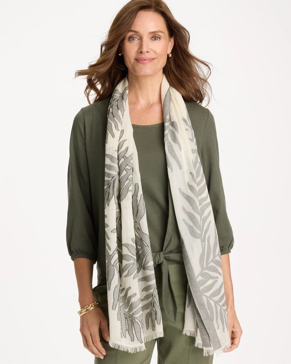 Chico's Palm Embroidered Oblong Scarf White