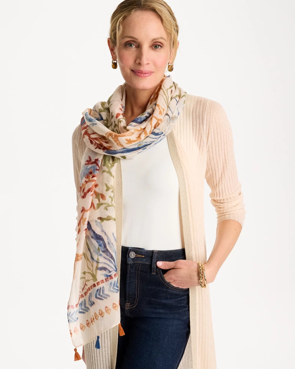 Chico's Sea Life Tassel Oblong Scarf Olive