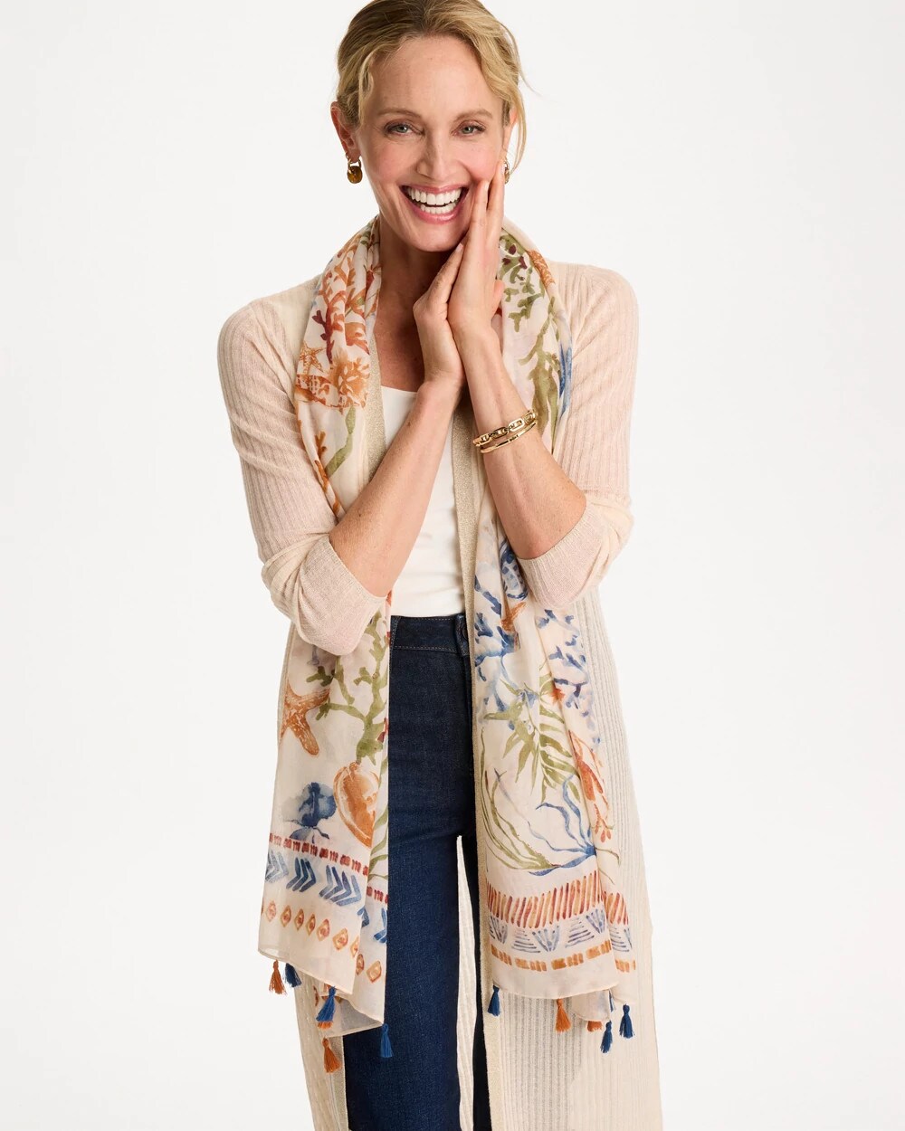Chico's Sea Life Tassel Oblong Scarf Olive