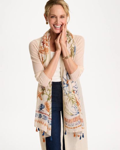 Chico's Sea Life Tassel Oblong Scarf Olive