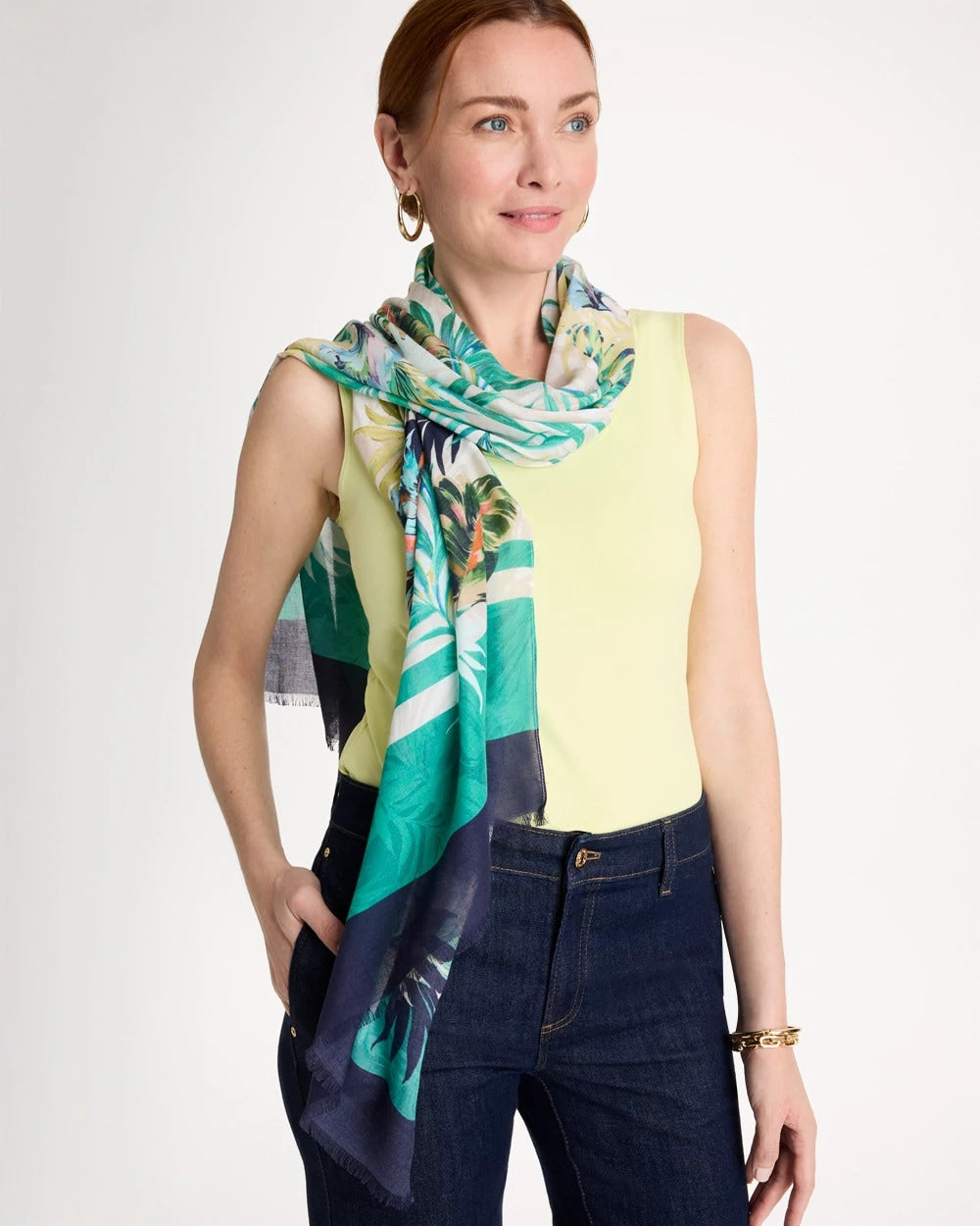 Chico's Printed Oblong Scarf Topanga Green