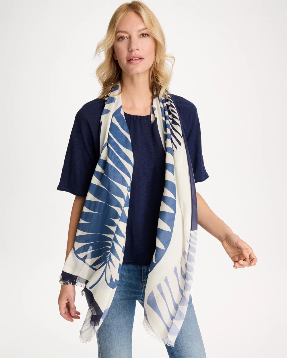 Chico's Palm Frond Oblong Scarf Passport Blue