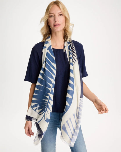 Chico's Palm Frond Oblong Scarf Passport Blue