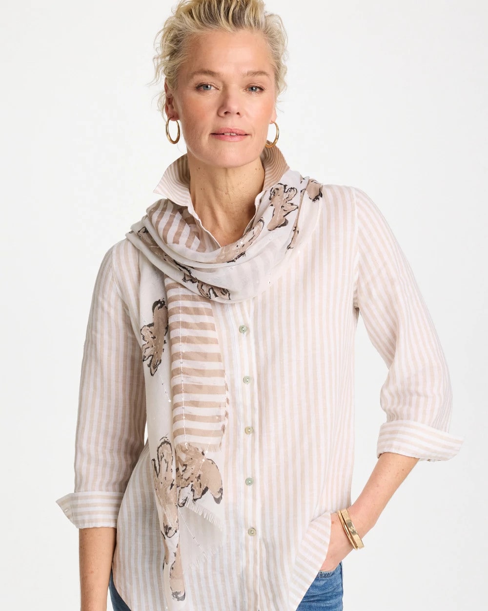 Chico's Striped Floral Oblong Scarf Neutral