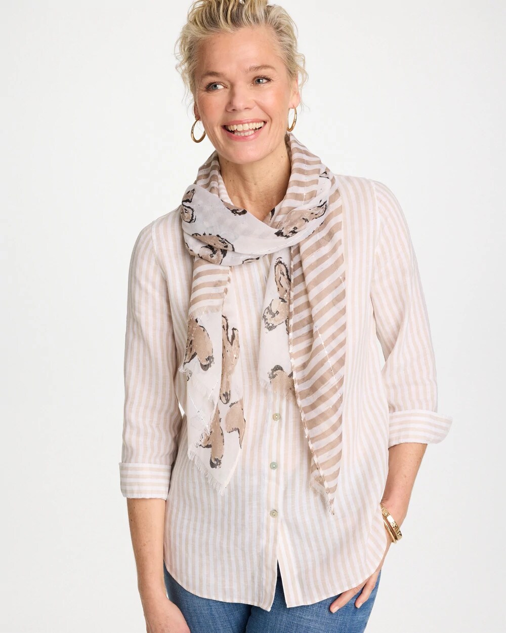 Chico's Striped Floral Oblong Scarf Neutral
