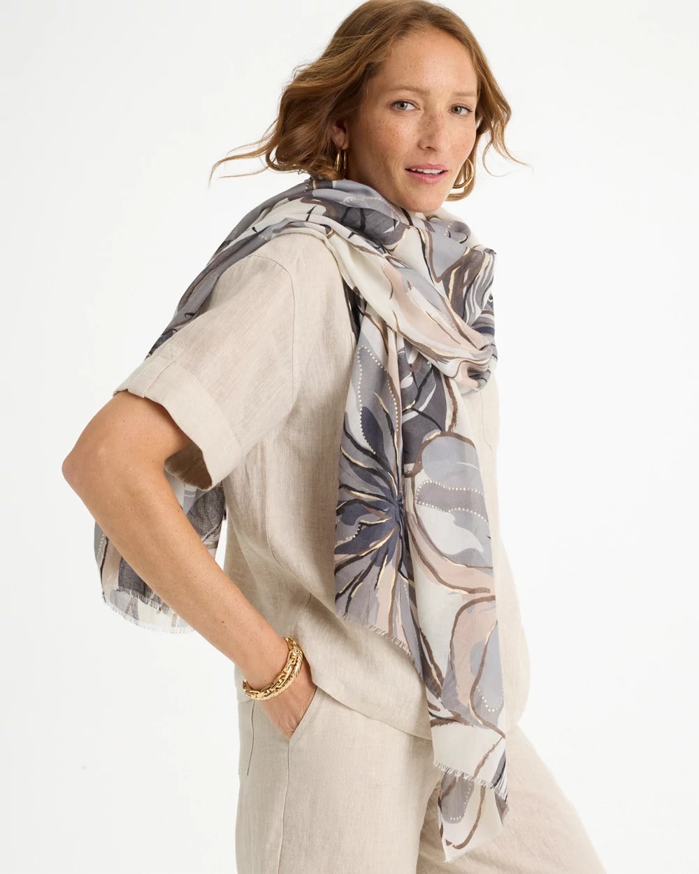 Chico's Foiled Floral Oblong Scarf Neutral