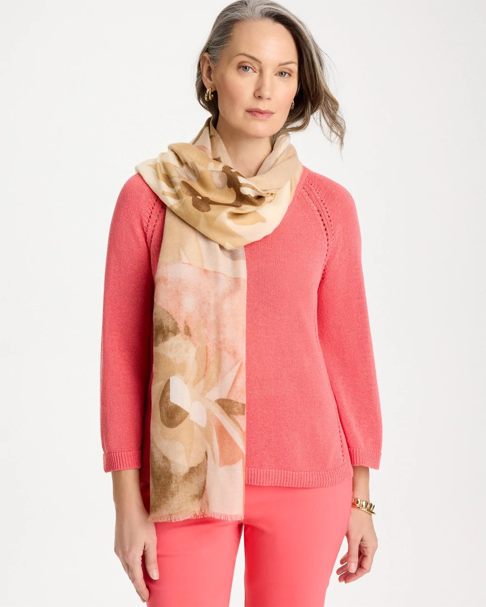 Chico's Neutral Floral Oblong Scarf Neutral