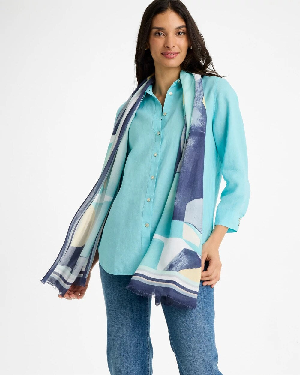 Chico's Artisanal Patch Oblong Scarf Passport Blue