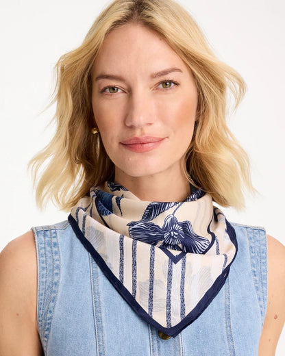Chico's Striped Floral Square Scarf Pale Sand