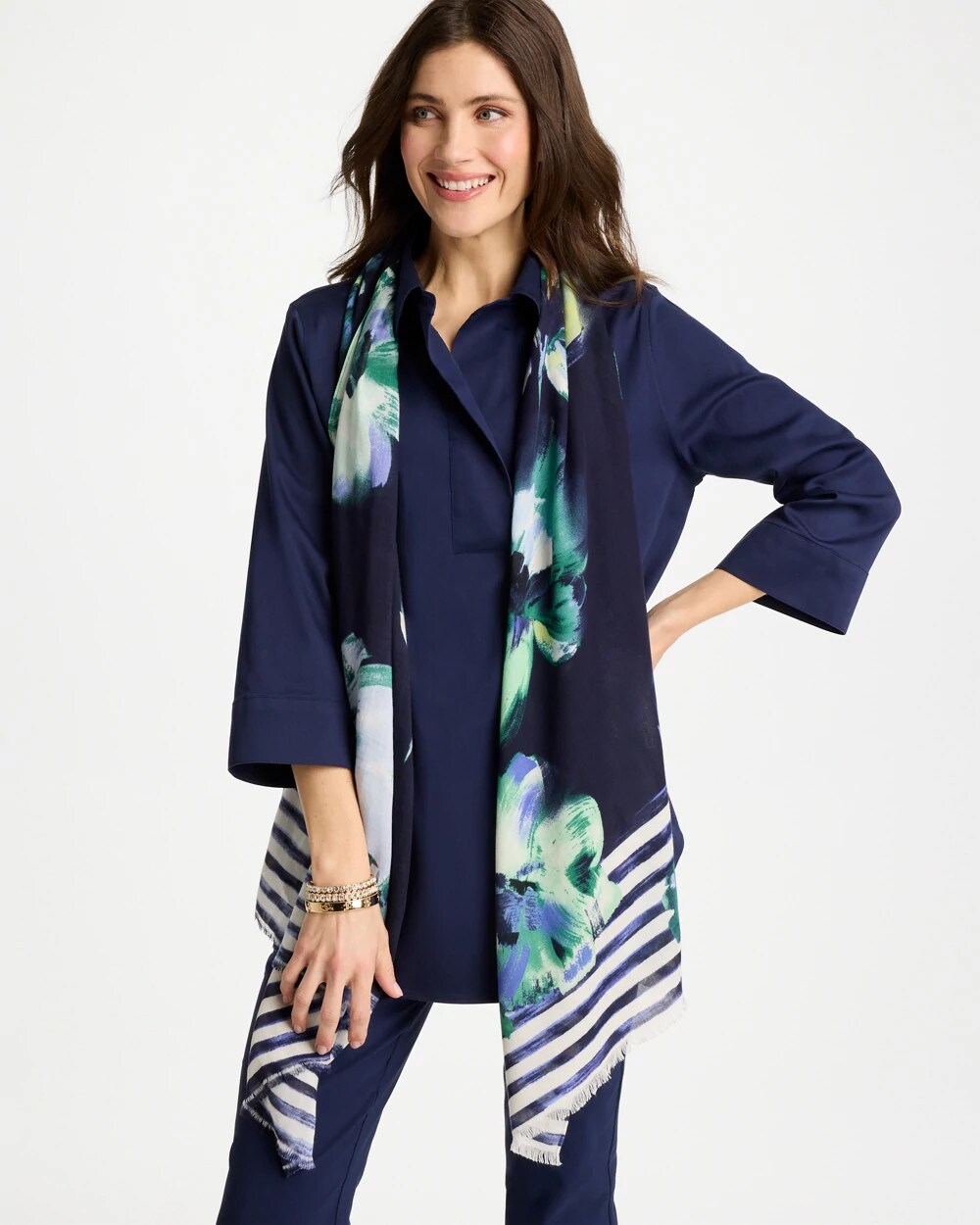 Chico's Printed Oblong Scarf Passport Blue
