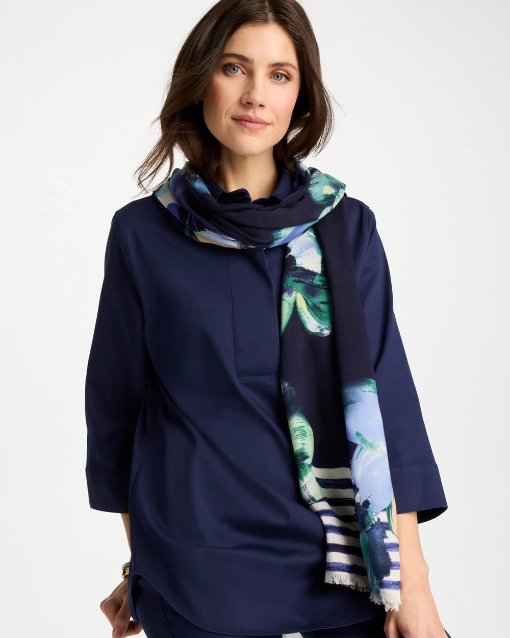 Chico's Printed Oblong Scarf Passport Blue