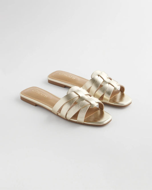 Chico's Leather Cassidy Cross-Strap Slide Shoes Gold