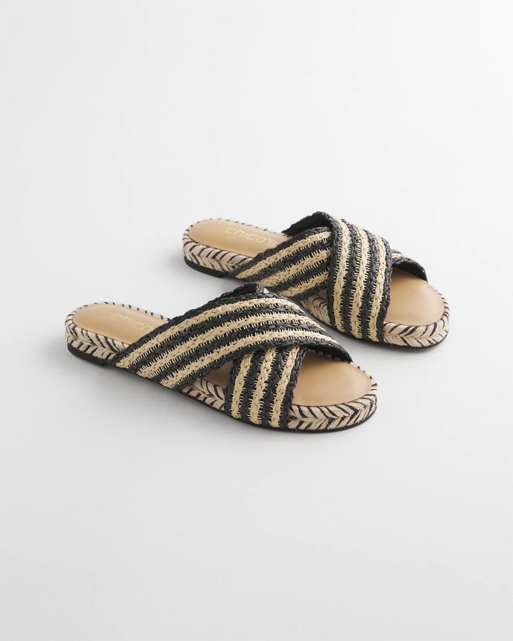 Chico's Striped Raffia Cross-Strap Slide Sandal Black Raffia