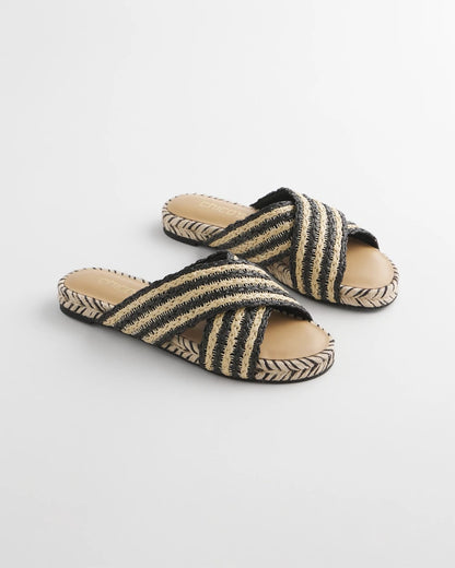 Chico's Striped Raffia Cross-Strap Slide Sandal Black Raffia