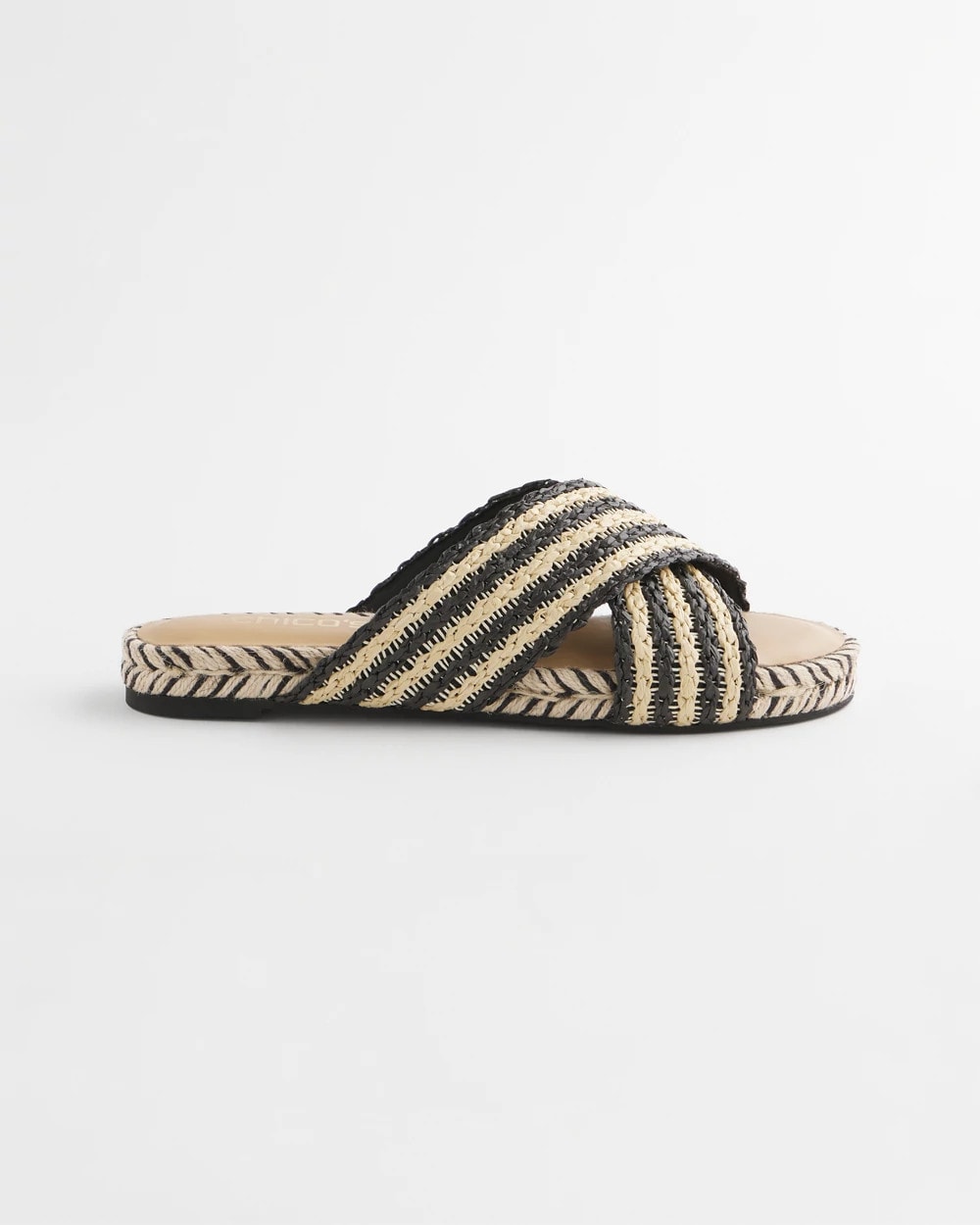 Chico's Striped Raffia Cross-Strap Slide Sandal Black Raffia