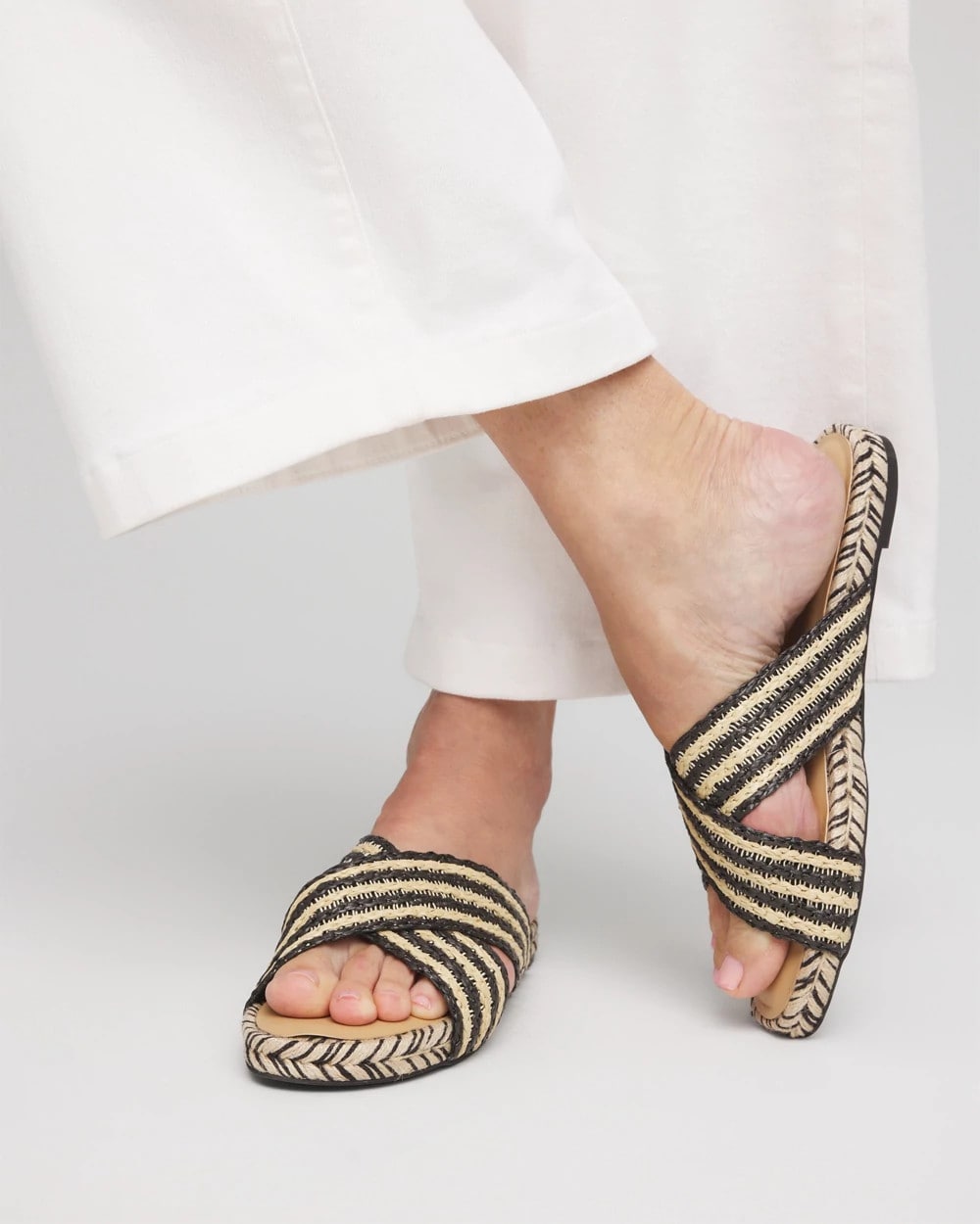 Chico's Striped Raffia Cross-Strap Slide Sandal Black Raffia