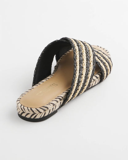 Chico's Striped Raffia Cross-Strap Slide Sandal Black Raffia