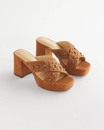 Chico's Vale Western Suede Block Heels Cognac