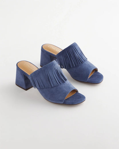 Chico's Blue Lotus Suede Fringe Block Heels Blue Lotus