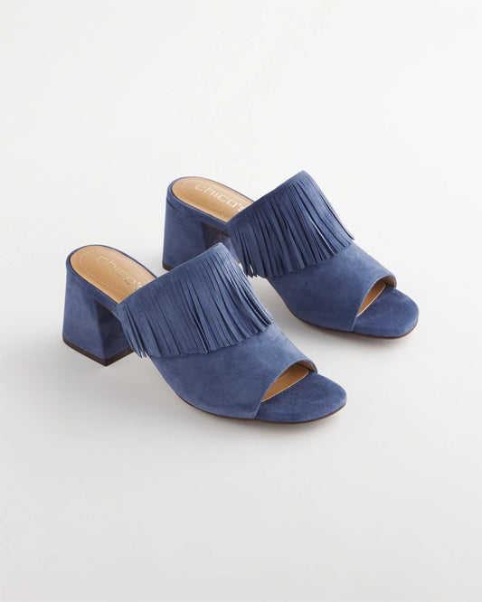 Chico's Blue Lotus Suede Fringe Block Heels Blue Lotus