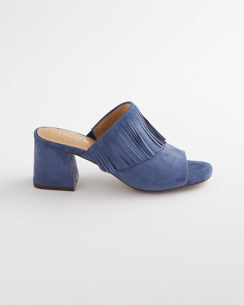 Chico's Blue Lotus Suede Fringe Block Heels Blue Lotus