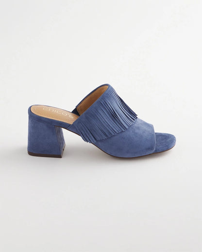 Chico's Blue Lotus Suede Fringe Block Heels Blue Lotus