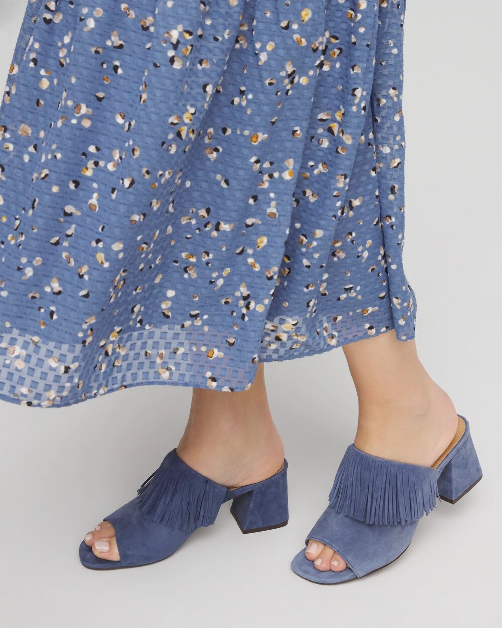 Chico's Blue Lotus Suede Fringe Block Heels Blue Lotus