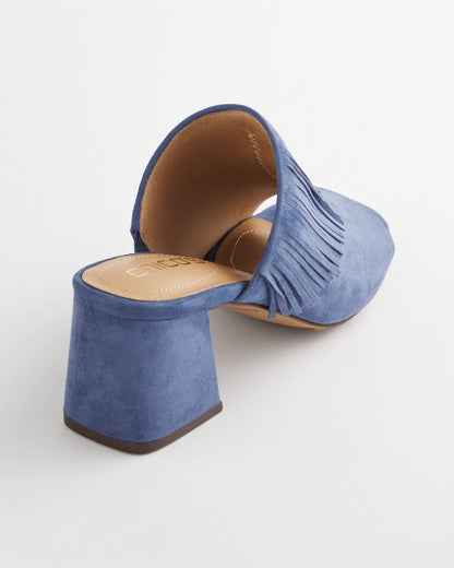 Chico's Blue Lotus Suede Fringe Block Heels Blue Lotus