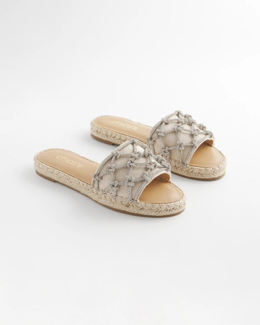 Chico's Linen Knotted Espadrille Slides Silver