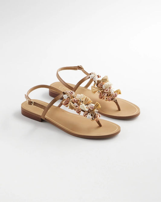 Chico's Beach Seashell T-Strap Sandals Natural