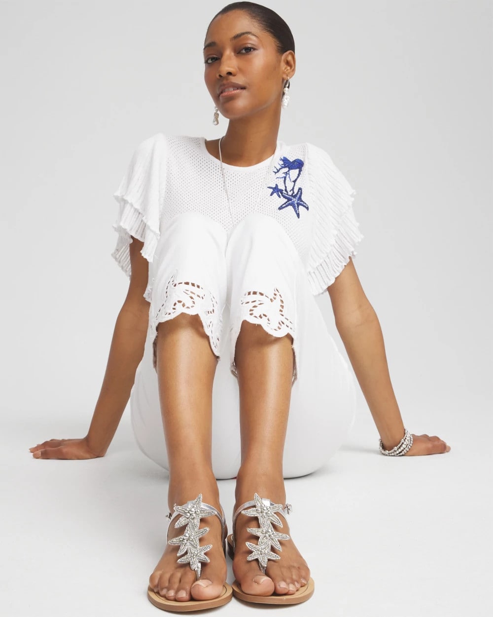 Chico's Beach Starfish T-Strap Sandals Silver