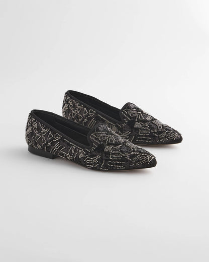 Chico's Gwyn Art Deco Beaded Flats Black