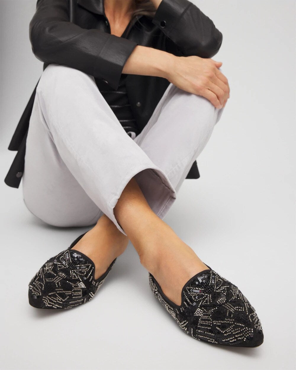 Chico's Gwyn Art Deco Beaded Flats Black